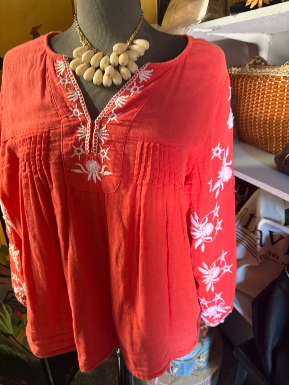 Coral Embroidered Boho Tunic Top 100% cotton